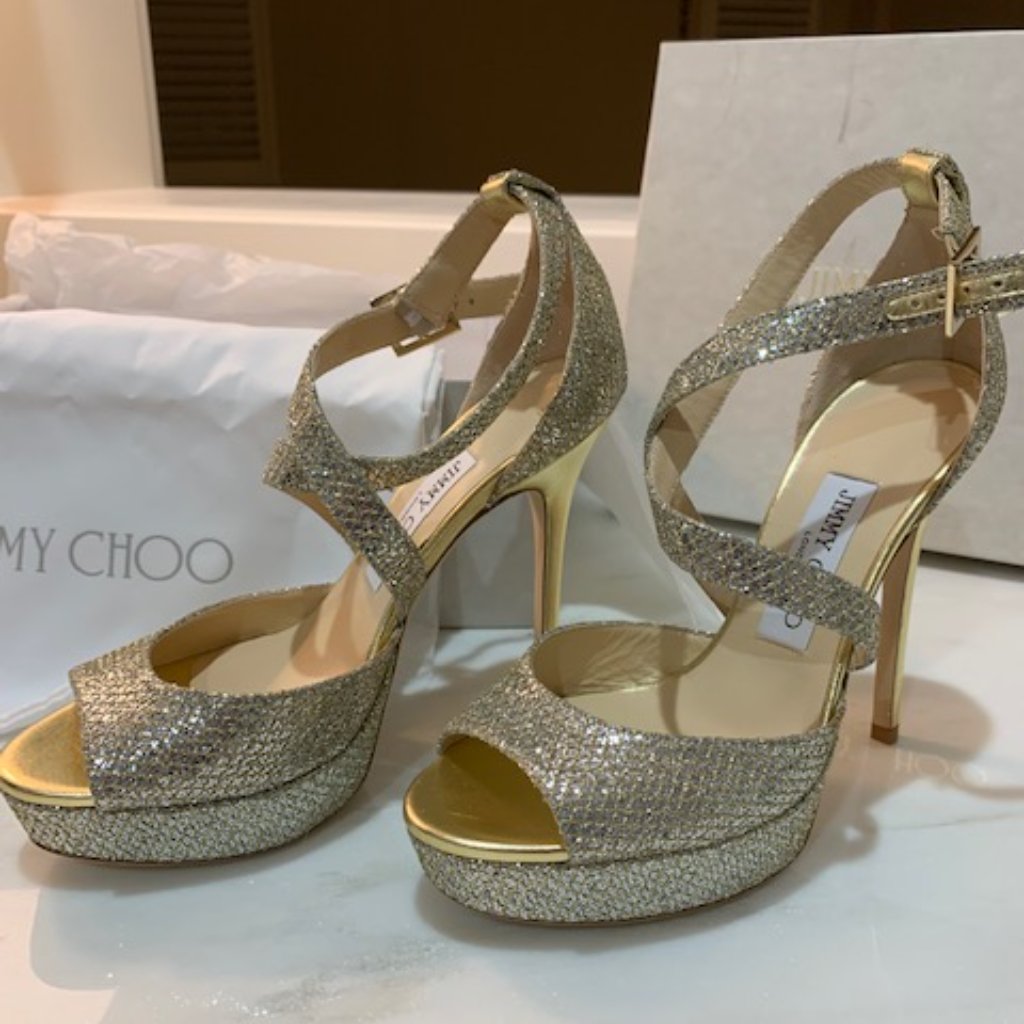 Jimmy Choo - Size 37.5 Nwb Gold Glitter Lace Kuki Platform Ankle Strap Sandals